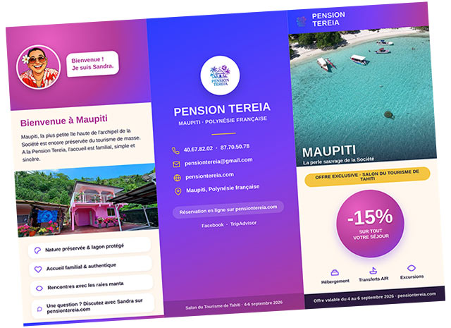 Dépliant de la Pension Tereia (Maupiti), recto, Salon du Tourisme de Tahiti