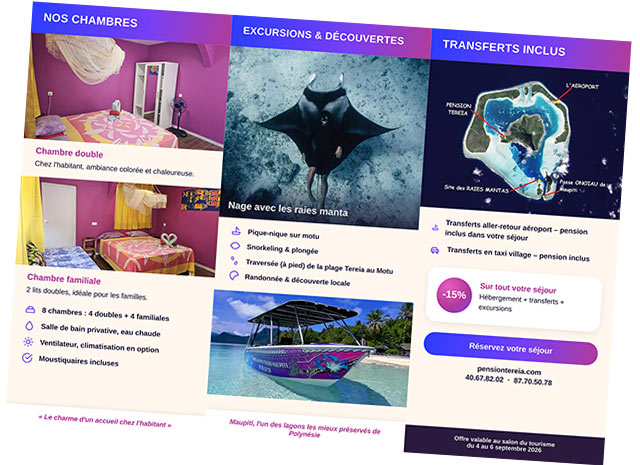 Dépliant de la Pension Tereia (Maupiti), verso, Salon du Tourisme de Tahiti